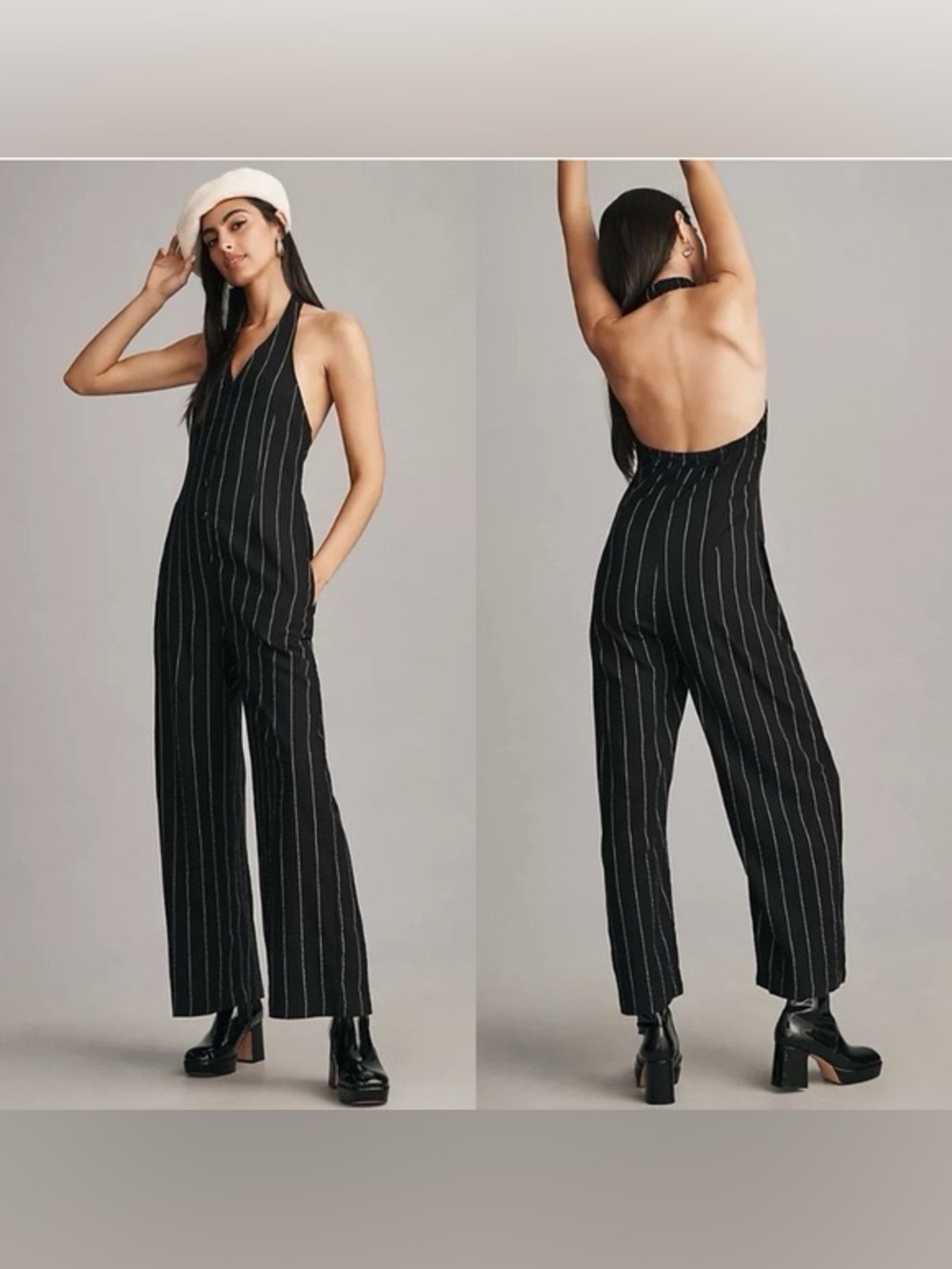 Anthropologie Black Pinstripe Halter Jumpsuit little lies